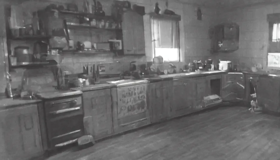 Prompt: several big snakes in a stalinist style kitchen, by mini dv camera, very very low quality, heavy grain, very blurry, accidental flash, webcam footage, found footage, security cam, caught on trail cam