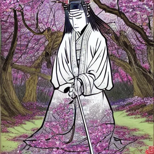 Image similar to a beautiful White cloaked Samurai Warrior with Sword Drawn in a garden of Cherry Blossom Trees :: Mystical, Magical, Supernatural :: by Tomomi Abe