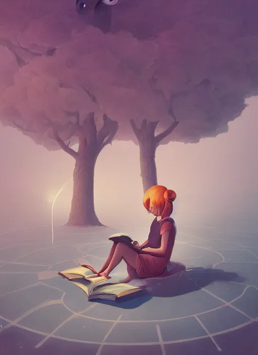 Image similar to a girl reading a book, her hair flowing down, surreal photography, digital painting, artstation, simon stalenhag