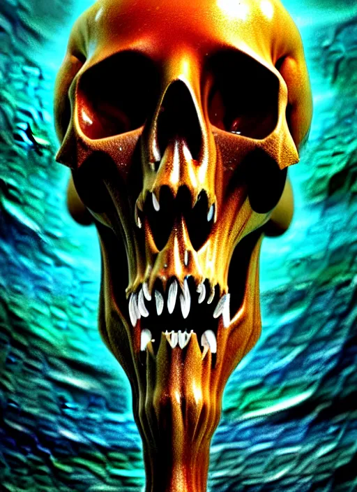 Prompt: Metal Hurlant cover of geant crying skull head emerging from the sea. rich deep colors. masterpiece, very coherent symmetrical artwork, cinematic, hyper realism, octane render, unreal engine, 8k, Vibrant colors, Smooth gradients, High contrast, depth of field. character drawing, clean ink detailed line drawing, intricate detail.