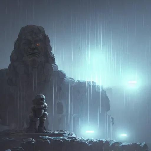 Prompt: a stone golem with blue glowing eyes, dramatic lighting, cinematic, establishing shot, extremely high detail, photo realistic, cinematic lighting, post processed, concept art, artstation, matte painting, style by eddie mendoza, raphael lacoste, alex ross