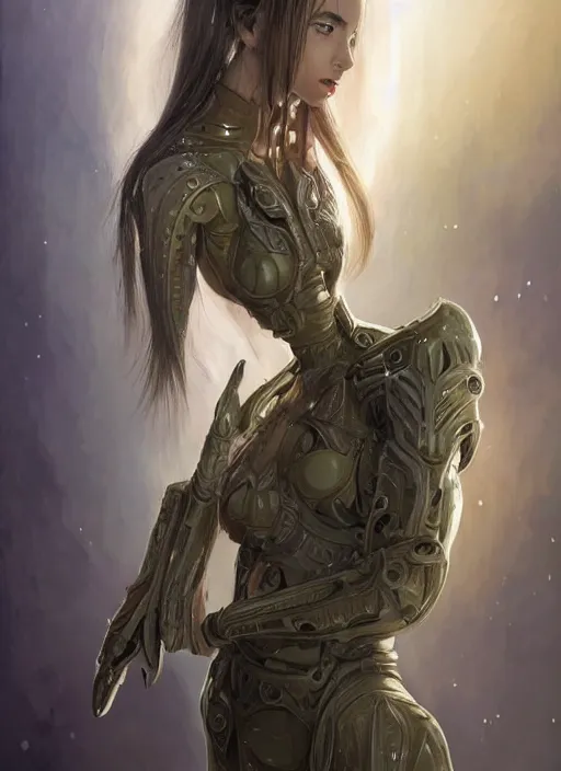 Image similar to a professional painting of a beautiful young female alien, clothed in ethereal armor, olive skin, long dark hair, beautiful bone structure, symmetrical facial features, intricate, elegant, digital painting, concept art, smooth, sharp focus, illustration, from Valerian and the City of a Thousand Planets, by Ruan Jia and Mandy Jurgens and Artgerm and William-Adolphe Bouguerea