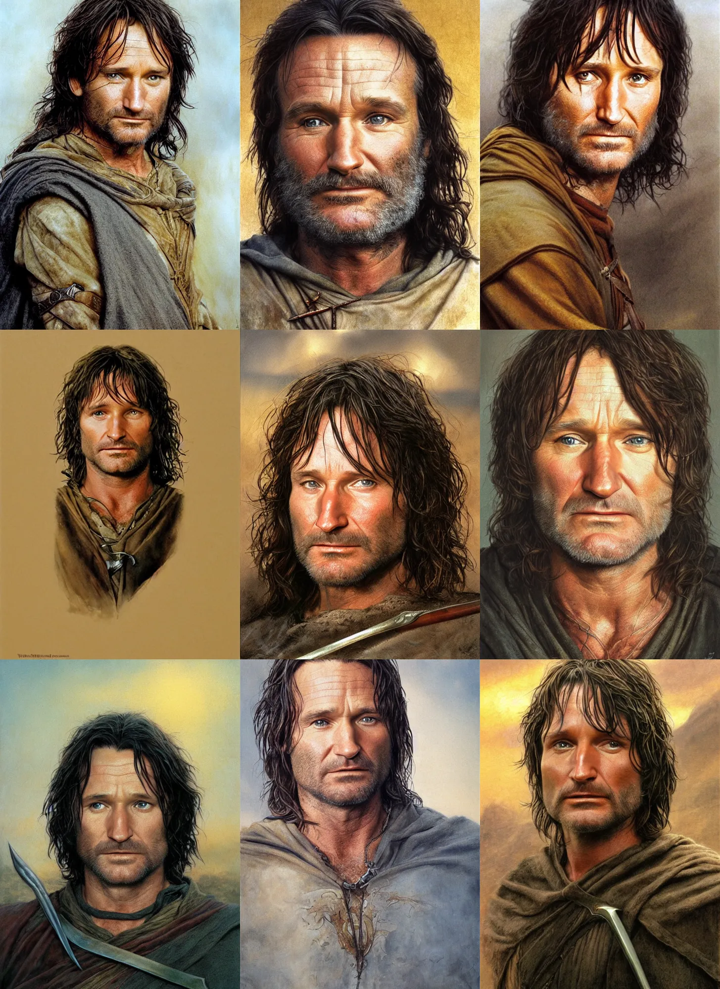 Prompt: Robin Williams as Aragorn by Alan Lee, golden hour, concept art, detailed clothing, art station, oil painting