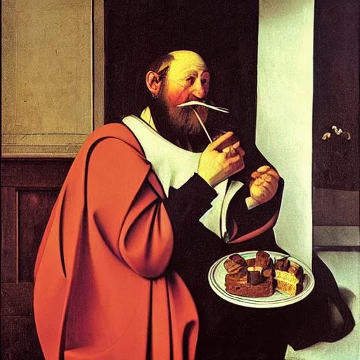 Image similar to Father Christmas eating Turkish Delight. Painted by Caravaggio