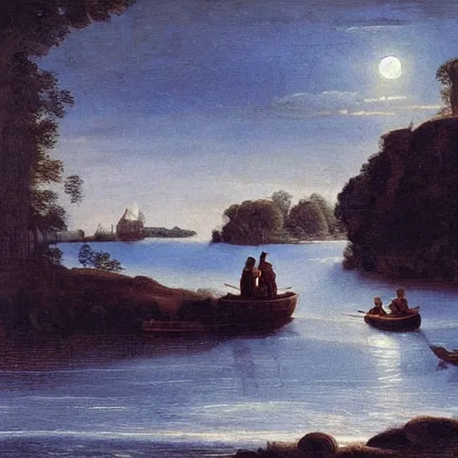 Image similar to colonial soldier crossing river boat landscape waves winter moonlight color oil painting in the style or raphael