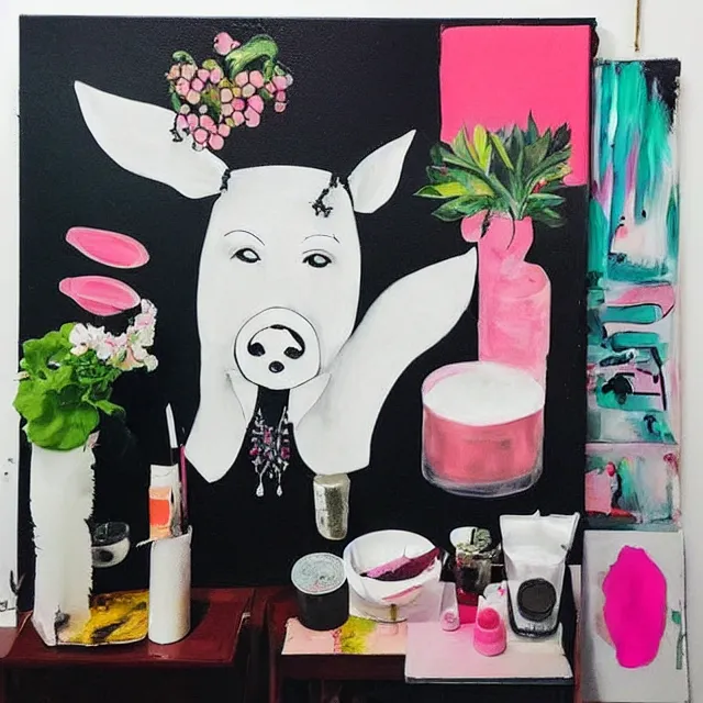 Image similar to “ a portrait in a female art student ’ s apartment, sensual, a pig theme, art supplies, paint tubes, ikebana, herbs, a candle dripping white wax, black walls, squashed berries, berry juice drips, acrylic and spray paint and oilstick on canvas, surrealism, neoexpressionism ”