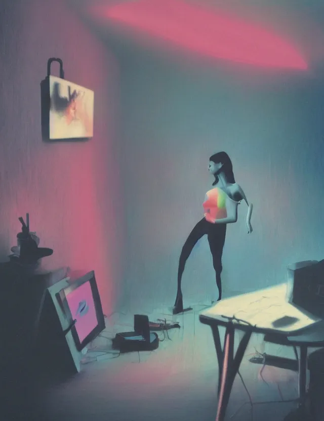 Image similar to woman playing computer games n dark room, blue rays from monitor, redshift, wide shot, coloured polaroid photograph, pastel, kodak film, hyper real, stunning moody cinematography, by maripol, fallen angels by wong kar - wai, style of suspiria and neon demon, david hockney, detailed, oil on canvas