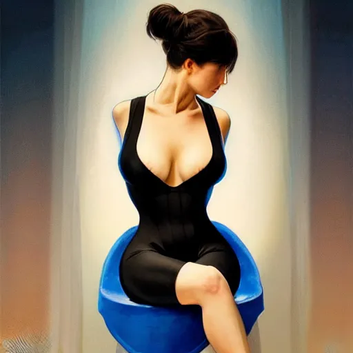 Image similar to striking character concept portrait, black caviar, sitting down with knees together, dark blue leotard costume, curvaceous. detailed, high quality, dark lighting, very high contrast with dark background, fantasy, reflective, spotlight. digital artwork by artgerm and wlop and bob ross and greg rutkowski and alphonse mucha, trending on artstation