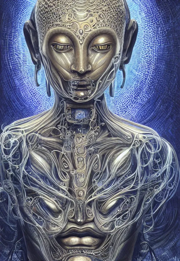 Image similar to perfectly centered portrait, front view of a beautiful biomechanical alien android robot buddha, female, flowing hair, intense stare, sarcastic smile, symmetrical, concept art, intricate detail, volumetric shadows and lighting, realistic oil painting by alex grey and gustave dore,