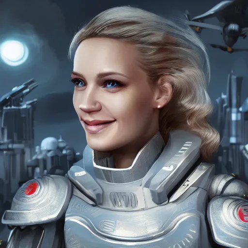 Image similar to bright white sci-fi utopia, close-up portrait of beautiful blonde military woman smiling, award-winning digital art, unreal engine, illustration