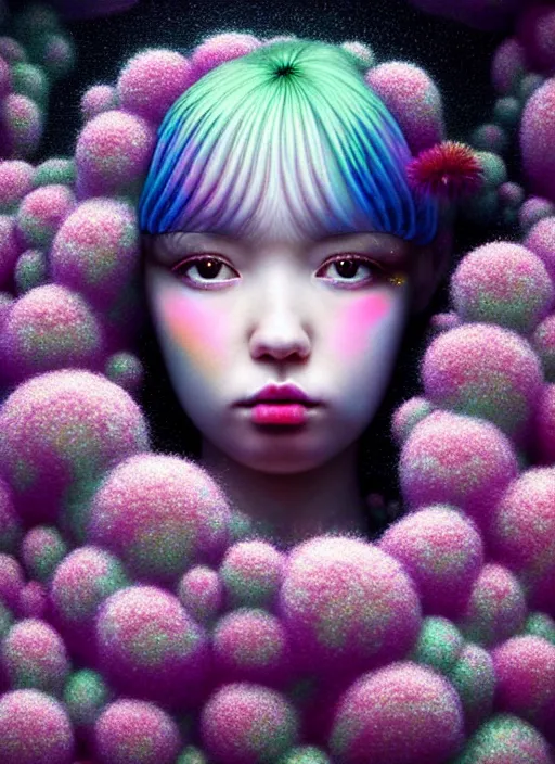 Image similar to hyper detailed 3d render like a Oil painting - kawaii portrait Aurora (black haired Singer woman) seen Eating of the Strangling network of yellowcake aerochrome and milky Fruit and Her delicate Hands hold of gossamer polyp blossoms bring iridescent fungal flowers whose spores black the foolish stars by Jacek Yerka, Mariusz Lewandowski, Houdini algorithmic generative render, Abstract brush strokes, Masterpiece, Edward Hopper and James Gilleard, Zdzislaw Beksinski, Mark Ryden, Wolfgang Lettl, hints of Yayoi Kasuma, octane render, 8k