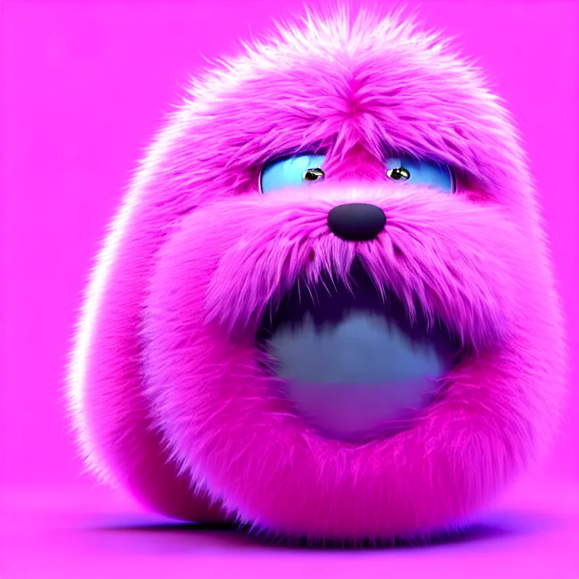 Prompt: high quality 3 d render hyperrealistic very cute big spherical creature, whiskers, plush mascot, short spiky dense fluffy smooth hair, isometric 3 d, psychedelic lighting pink fluffy fur 1 cm long, 1 5 0 mm, smooth background, artstation, ultra detailed, elegant, ultra detailed, octane render