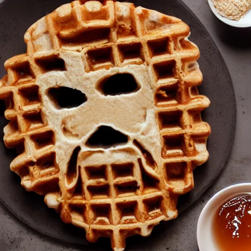 Prompt: photo of a delicious tasty waffle in the shape of a skull, syrup, food photography, 8 k high definition, insanely detailed, intricate