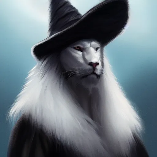 Image similar to portrait of a white panter with a very long fur and wizard hat, fantasy, trending on artstation, heroic pose, illustration, highly detailed, simple, 8k