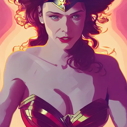 Image similar to Meg Ryan as Wonder Woman, ambient lighting, 4k, alphonse mucha, lois van baarle, ilya kuvshinov, rossdraws, artstation