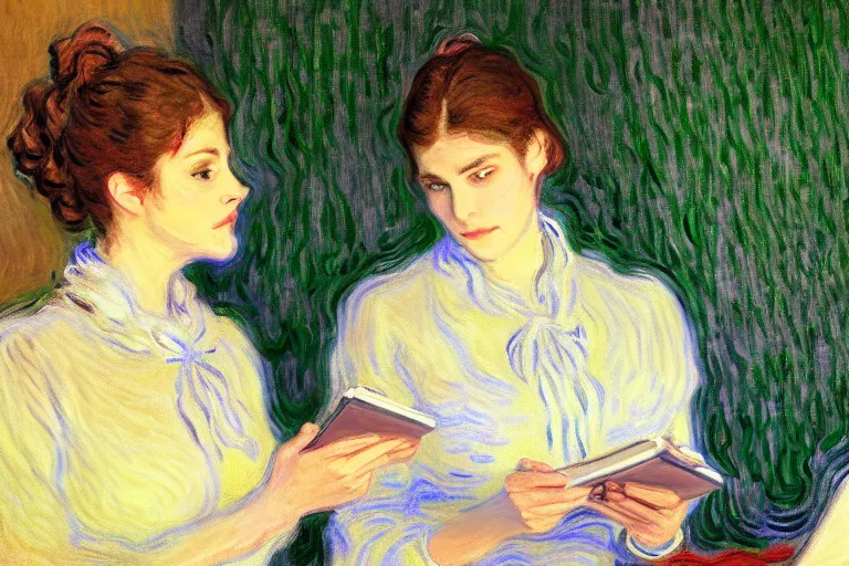 Image similar to portrait of two wise and very beautiful women discussing some texts appearing in a computer screen, art by monet, intricate, elegant, highly detailed, smooth, sharp focus, artstation