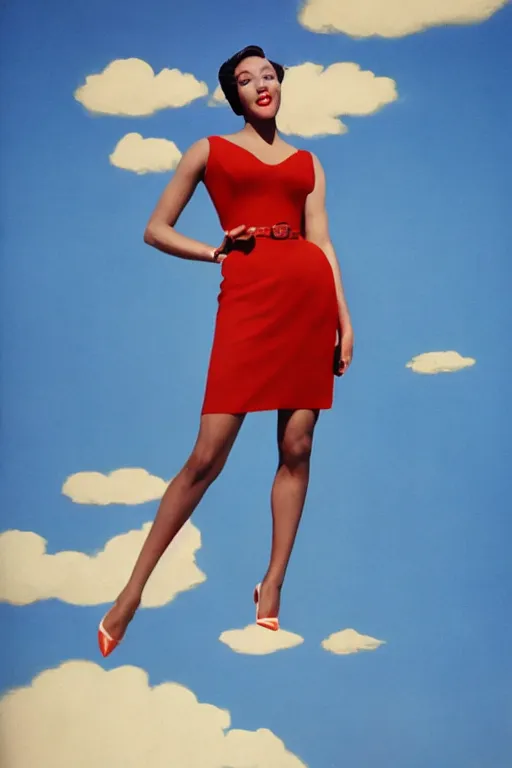 Prompt: full body portrait of megan good in the style of bill medcalf, mario testino, blue sky with a few clouds, retro, 1 9 5 0, 4 k, detailed, 1 / 3 headroom, cinematic rule of thirds