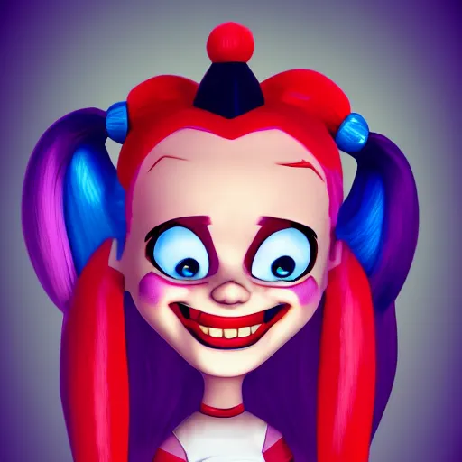 Image similar to baby harley quinn with pigtail in hair like pebbles flintstones full body, big head, large smile, pixar style, happy, chill out, rending, trending on artstation