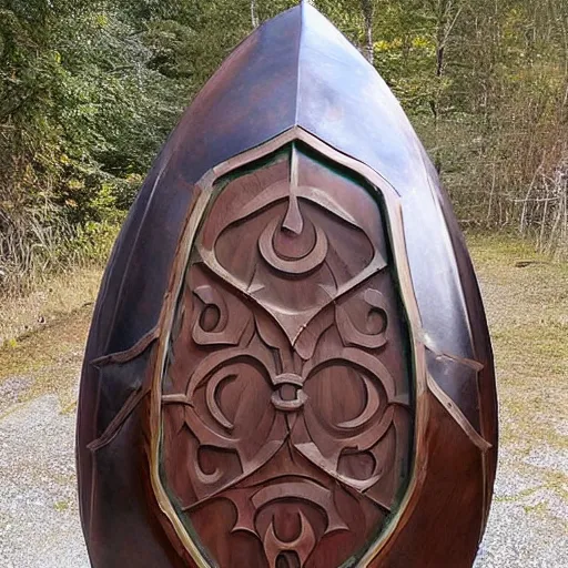 Image similar to impressive teardrop kite shield, made from hardwood A true work of mastery, as this shield was forged by summit dwarves in a storm workshop. The shield's edges are emblazoned with a thick metal lining and have been decorated with intricate metalwork. Its centre is garnished with symmetrical paintwork and zealous texts. It's clear this shield has been through numerous battles. Holes and cracks made by who knows what leave visible reminders of victory and loss, but one this is for sure: death will have to wait a little while longer.