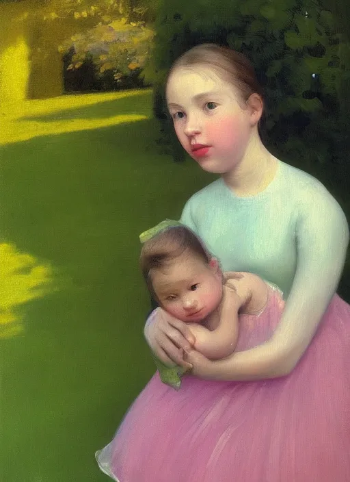 Prompt: a young girl in a garden posing with a baby in her arms, very gently and tenderly, depth of field, hauntingly surreal, highly detailed oil painting, by francis bacon, edward hopper, adrian ghenie, glenn brown, soft light 4 k, pink and green colour palette, cinematic composition, cinematic lighting, high quality octane render, masterpiece