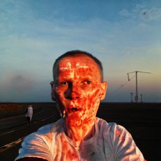 Prompt: last selfie of last alive funny scared ukrainian very damaged body to bones, bleeding running from nuclear explosion, big nuclear explosion at background