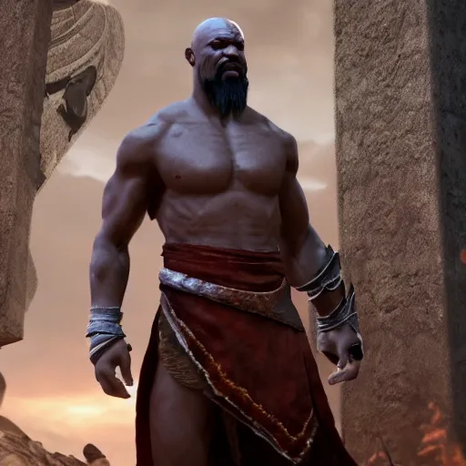 Prompt: Djimon Hounsou as kratos!!, 8k, cinematic, unreal engine