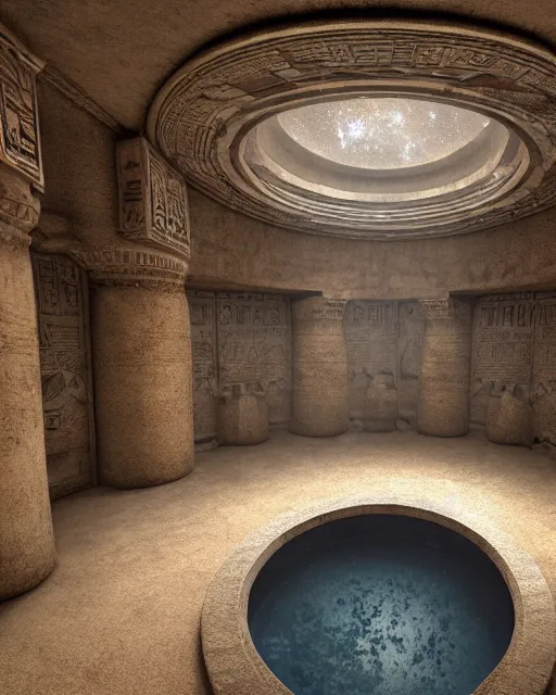 Image similar to greg rutkowski digital painting of an ornate and royal egyptian antechamber tomb, a circular pool in the tomb, the circular pool has a galaxy inside, unreal engine, hyper realism, realistic shading, cinematic composition, blender render, octane render, hdr, detailed textures, photorealistic, ultrawide shot, 3 5 mm film