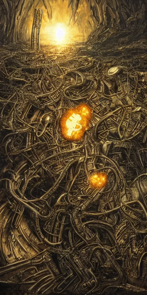 Image similar to great bitcoin crash, single rusted bitcoin, apocalyptic famine poverty and war, planet burning due to mining, h. r. giger, dark fantasy painting featured artstation