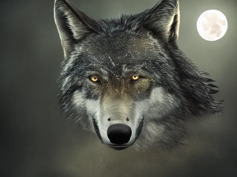 Image similar to A wolf with features of a crocodile, moody lighting, yellowish full moon, pinewood forest, realistic, photorealistic art done in photoshop