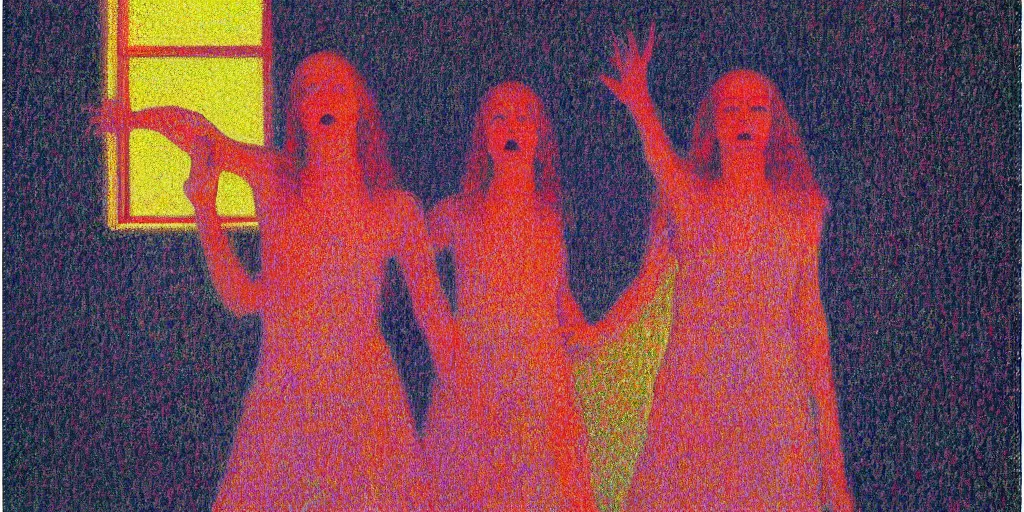 Image similar to a film still of suspiria by dario argento 1 9 7 7 movie, painted by georges seurat, impressionism, pointillism, high quality, detailed, print!, poster,