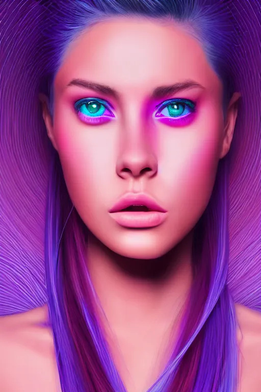 Image similar to a award winning half body portrait of a beautiful woman with stunning eyes in a croptop and cargo pants with ombre purple pink teal hairstyle by thomas danthony, surrounded by whirling illuminated lines, outrun, vaporware, shaded flat illustration, digital art, trending on artstation, highly detailed, fine detail, intricate