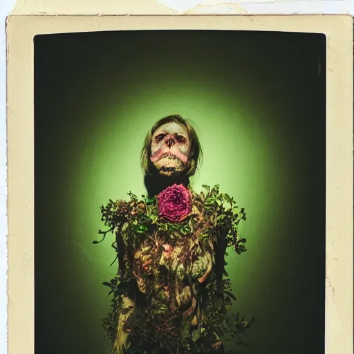 Image similar to a beautiful detailed front view portrait of a rotten woman corpse with plants and fractal flowers growing around, volumetric light, beautiful lit, polaroid photography