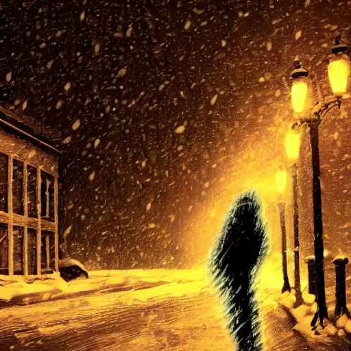 Image similar to street, snowstorm, silhouette in the distance, monster, creepy, horror, hyper realistic,