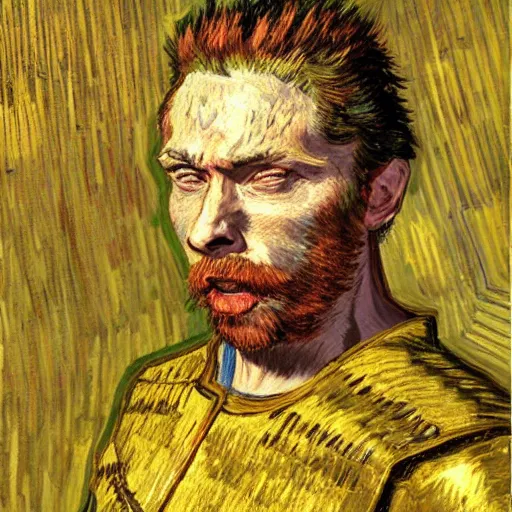 Image similar to Sam Hyde as a Roman warrior wearing gold and red armor, elegant suit, looking at bloody fist, portrait art by Vincent van Gogh, highly detailed, digital painting, concept art, illustration, dim lighting with twilight rays of sunlight, trending on artstation, very detailed, smooth, sharp focus, octane render, close up