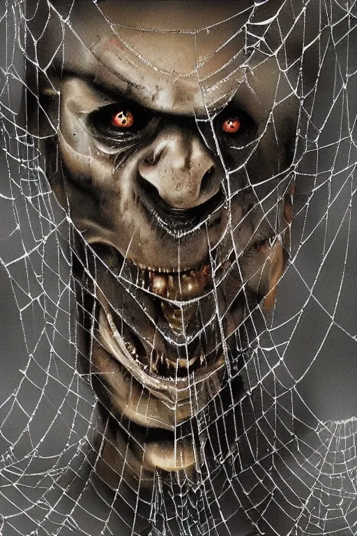 Image similar to portrait of a grotesque man spider wrapped in thick webs. horror art. disgusting.