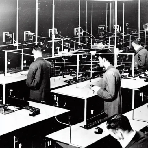 Image similar to computer scientists in a secret government lab 1 9 4 8 developing the first supercomputer