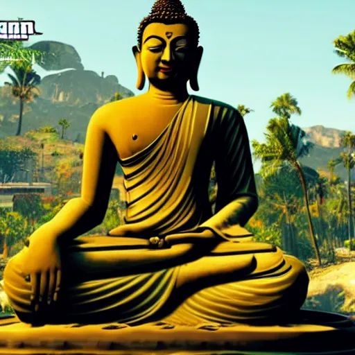 Image similar to buddha in gta v cover, rockstar games, no text,