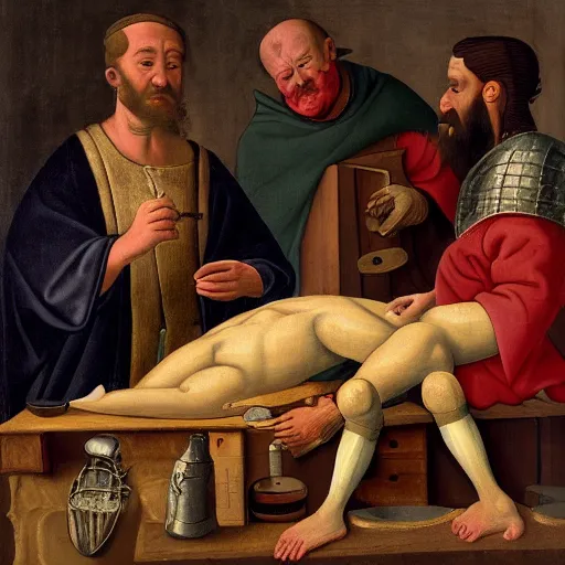 Image similar to detailed portrait of a medieval doctor performing treatment on a peasant, 4 k high detail, scientific