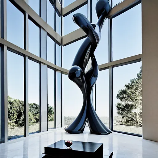 Image similar to giant Italian modern castle living room, clean minimalist design, that is 1300 feet tall, a series of modern stainless steel organic shaped modern sculptures with mirror finish, photo by Annie Leibovitz