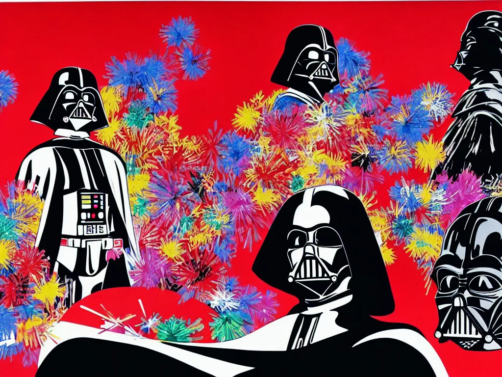 Image similar to hyperrealistic composition, in the middle a woman in a japanese kimono, behind her stands darth vader, in front of her a table from the casino, in the background is mount fuji and fireworks, pop - art style, jacky tsai style, andy warhol style, acrylic on canvas