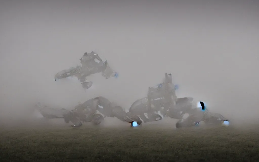 Prompt: giant robot centipede wandering across a foggy landscape