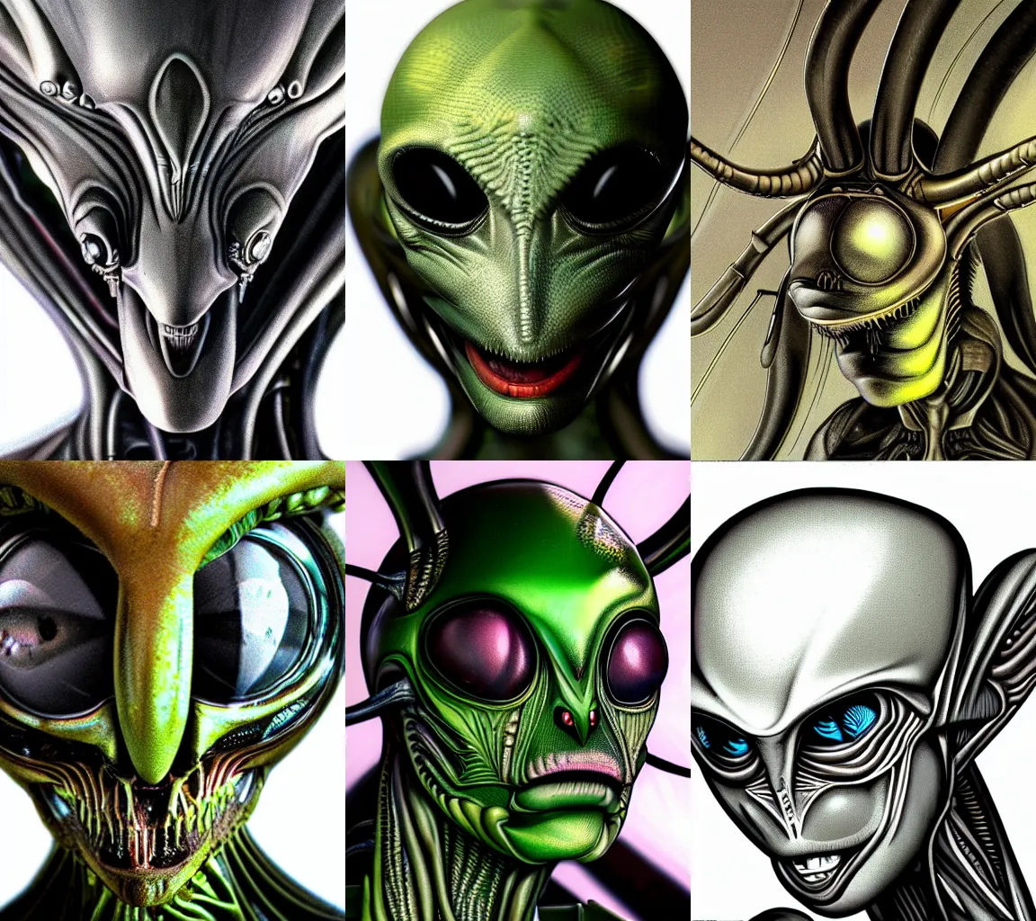 Prompt: alien in the form of mantis, head, closeup, giger style, futuristic, center