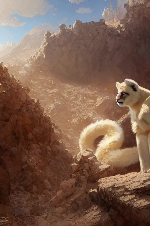 Image similar to A full commission of a male Furry Anthro albino mountain lion Fursona wearing miner's clothes in a desert mine, intricate, elegant, highly detailed, digital painting, artstation, concept art, smooth, sharp focus, illustration, art by Krenz Cushart and Artem Demura and alphonse mucha