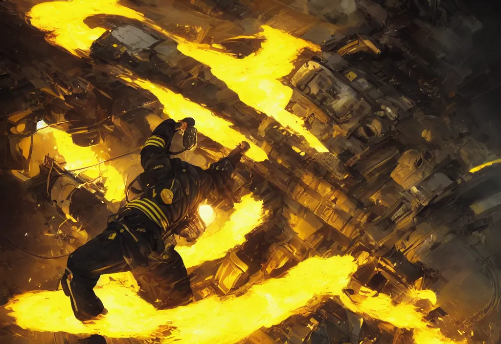 Image similar to heroic firefighter in action in black and yellow uniform, sharp details, sharp focus, dynamic, highly detailed, illustration, by jordan grimmer and greg rutkowski and pine ( ハイネ ) and 薯 子 imoko and 香 川 悠 作 and wlop and maya takamura, intricate