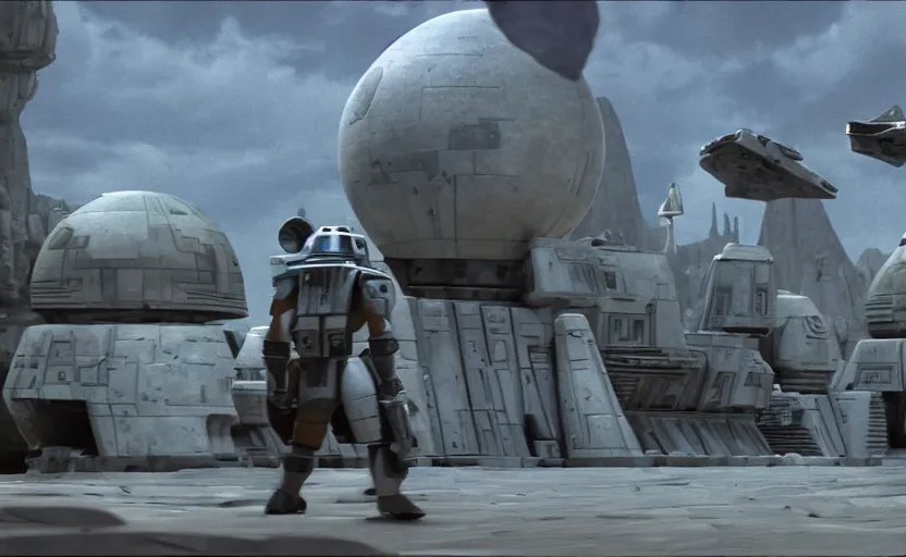 Image similar to still image screenshot floating boulder planet, castles floating in mid air, jedi temples from the tv show mandalorian on disney +, scene in front of a strange building, moody mining planet, at - at imperial walkers, invading kashyyyk, anamorphic lens, 3 5 mm film kodak