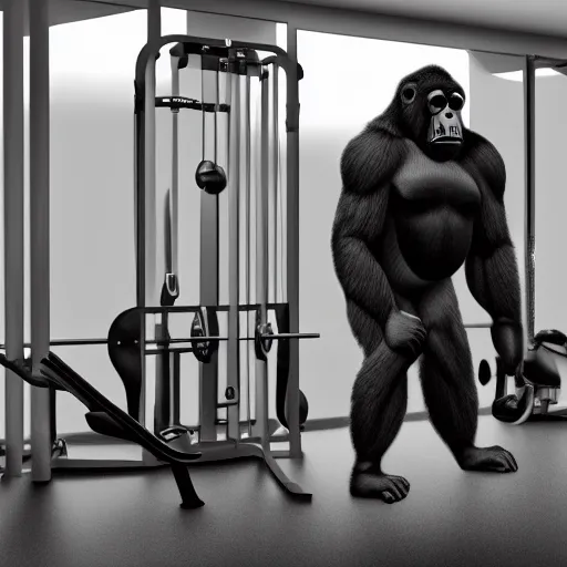 Image similar to a gorilla at the gym training his muscles, muscled gorilla training at the gym, perfect high resolution, award winning art, highly detailed, trending on art station