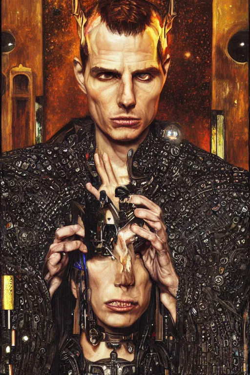 Image similar to portrait of demonic gothic Tom Cruise holy priest, cyberpunk, Warhammer, highly detailed, artstation, illustration, art by Gustav Klimt