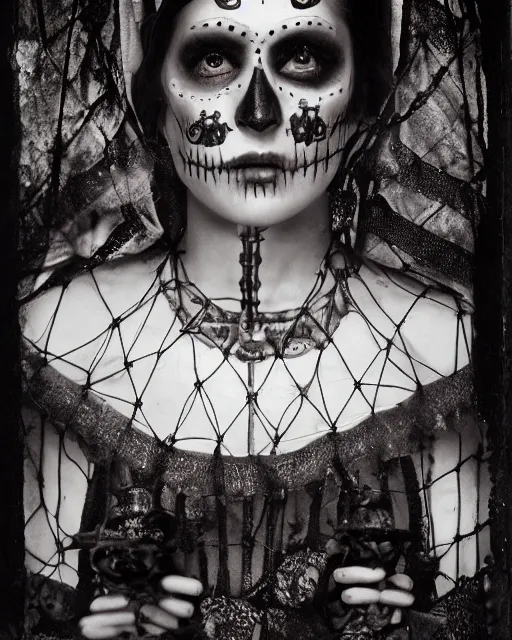 Image similar to tintype virgin mary dressed in dia de muertos makeup high quality photo, microchip, artificial intelligence, bio - mechanical bio - luminescence, black wired cables, neurons, nerve cells, cinematic, rim light, photo - realistic, high detail, 8 k, masterpiece, high fashion, in the style of steven meisel dora maar h. r. giger