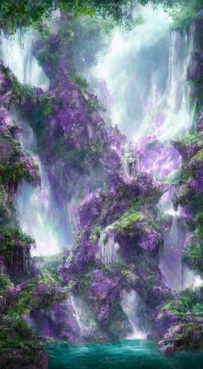 Image similar to a mystical fairy city in the amethysts wall of a dreamy waterfall cave with and lilac sunrays, trending on artstation, concept art, matte painting, 8 k