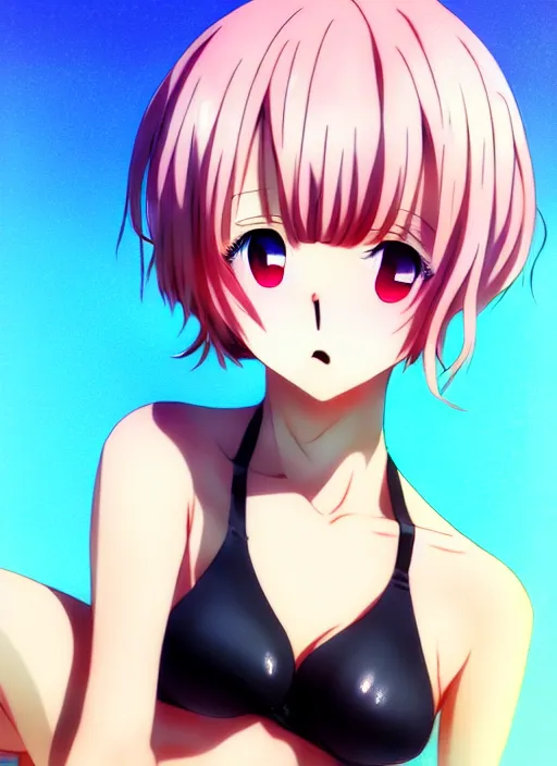 Prompt: anime portrait of a handsome woman, pastel hair, wearing two - piece swimsuit, ilya kuvshinov, asao urata, anime, pixiv top monthly, trending on artstation, cinematic, danbooru, zerochan art, kyoto animation, ecchi